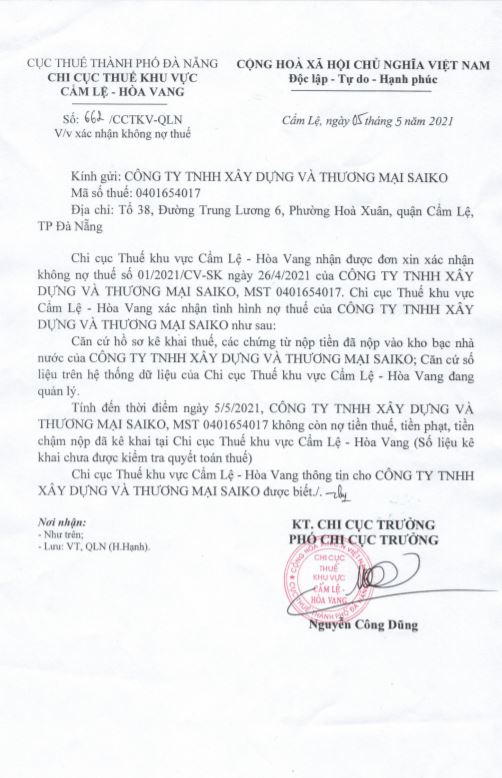 giấy chứng nhận không nợ thuế của saiko